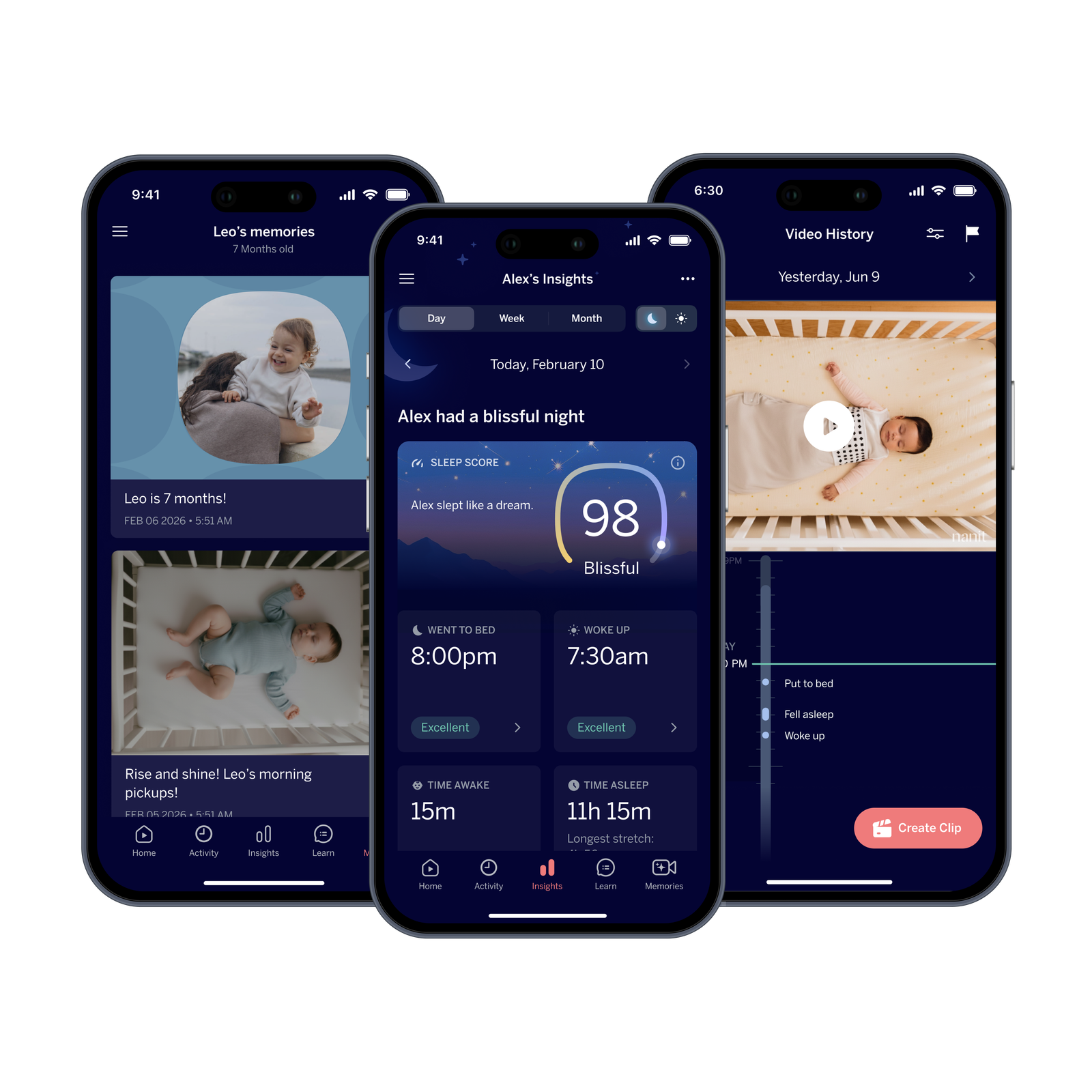 Three Nanit app screens showing sleep memories and analytics