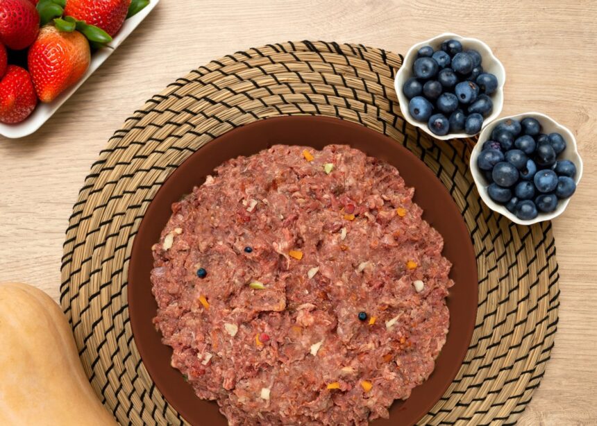 Cuenco con comida natural cruda y trozos de fruta