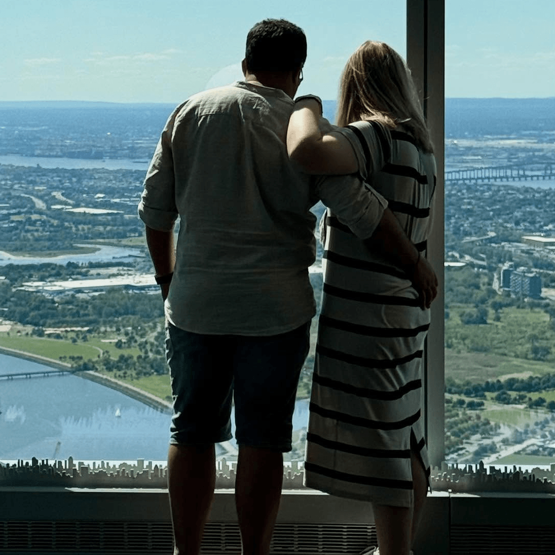 New York skyline visible through the observatory windows