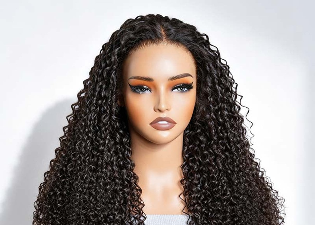 QVR curly human hair wig styled on a mannequin