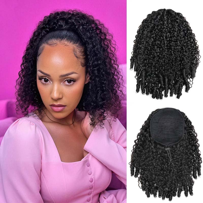 QVR highlighted Burmese curly drawstring ponytail