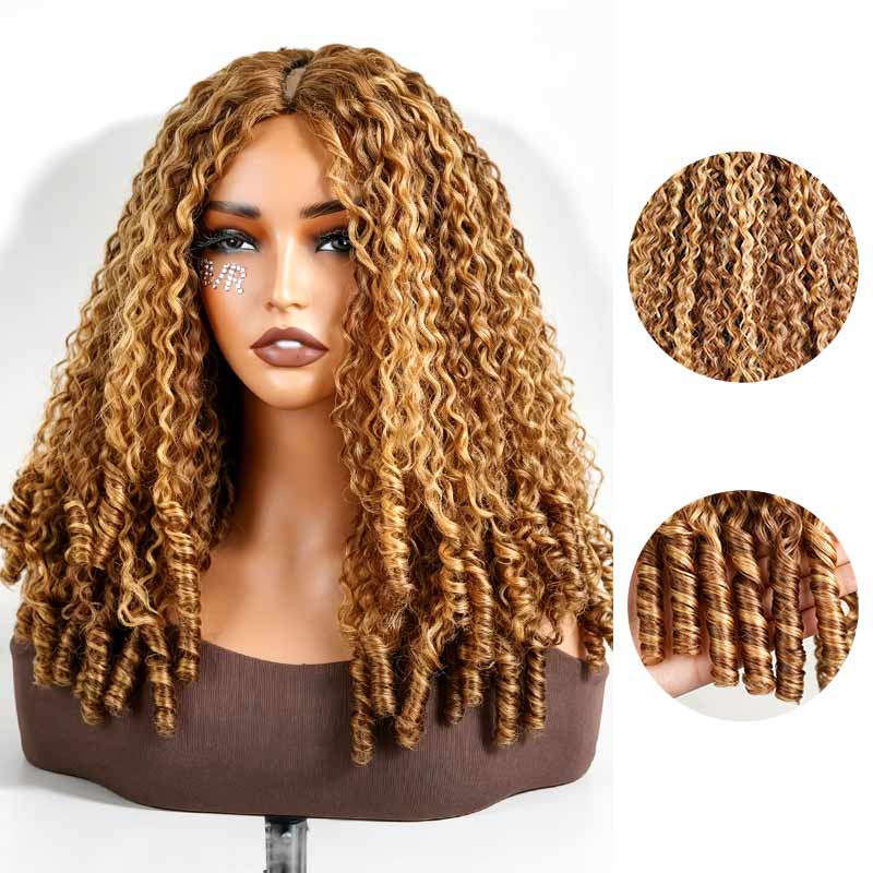 QVR honey blond highlighted Burmese curly V-part wig