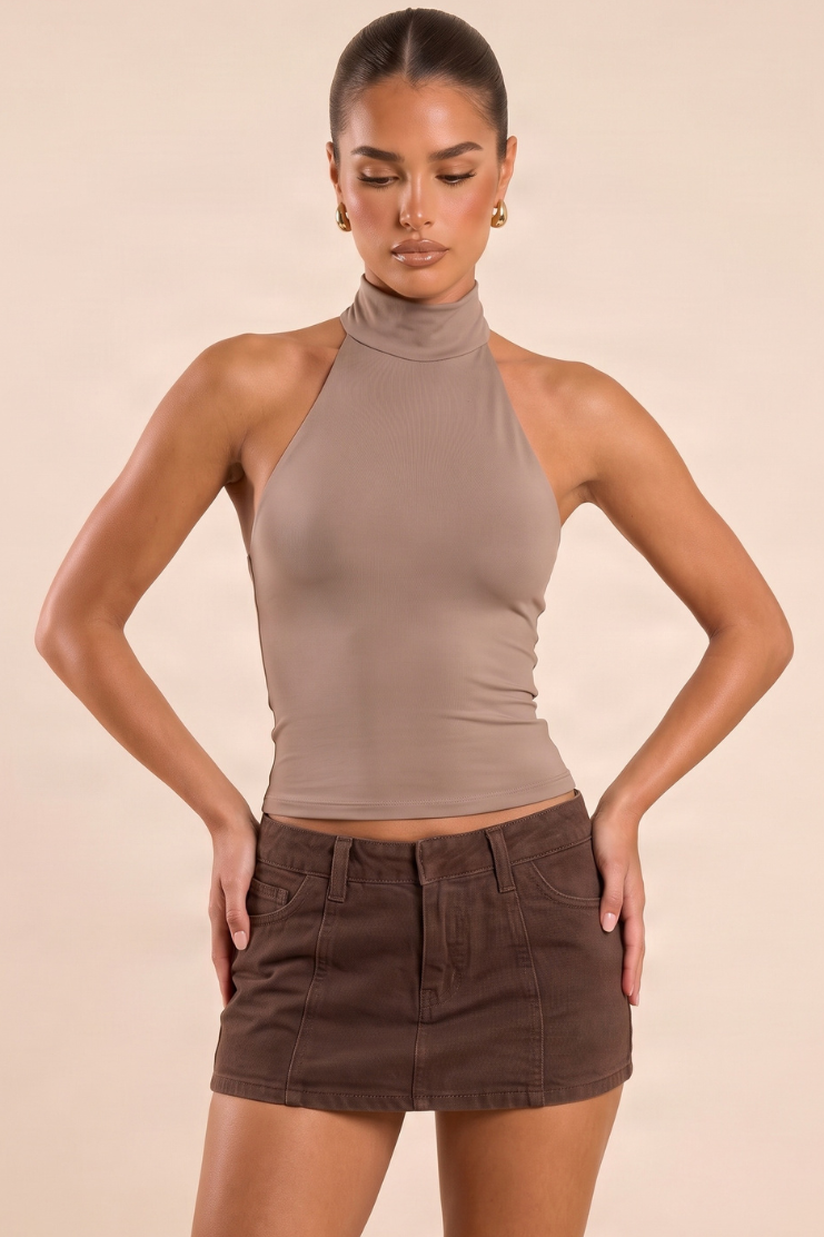 Mocha slinky high neck top on a model