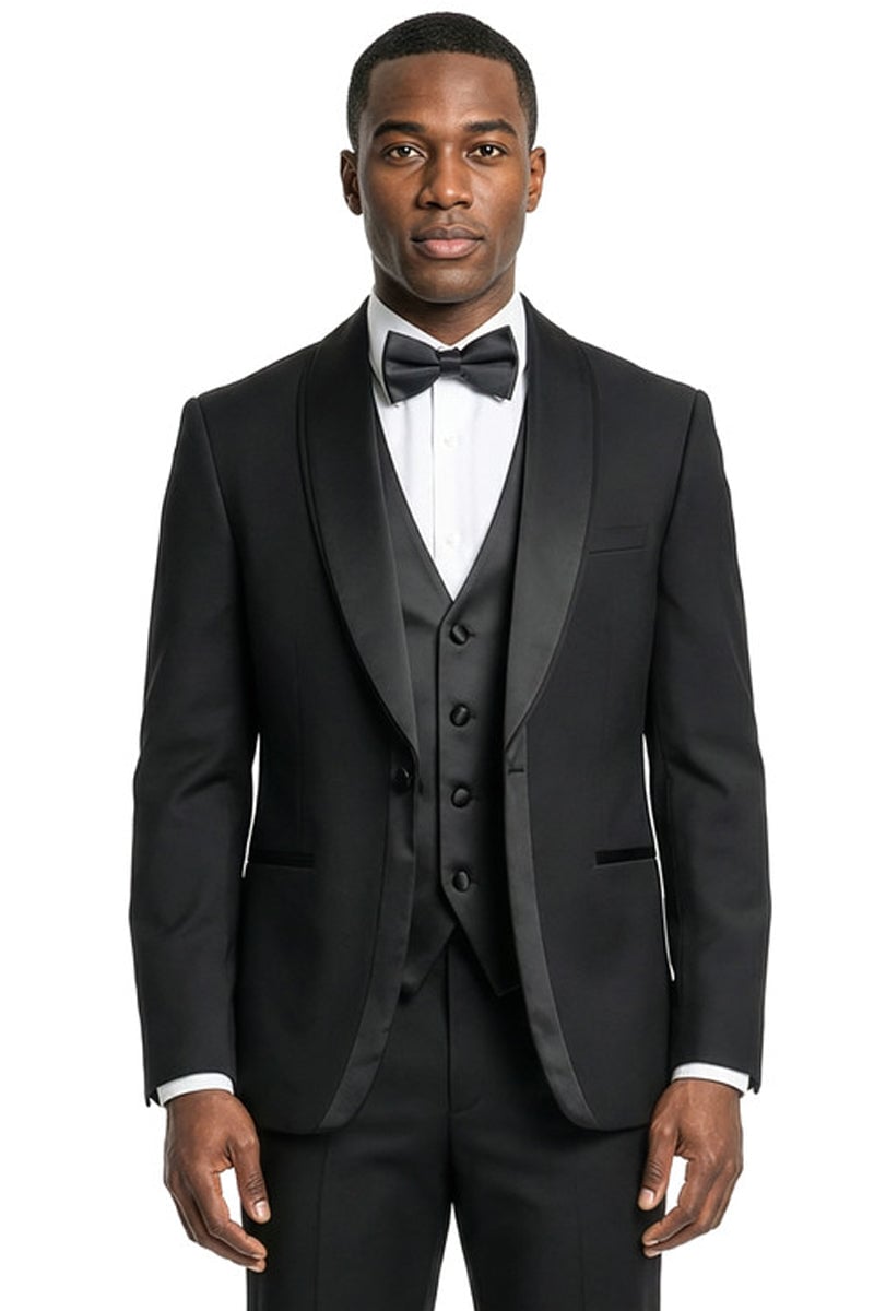 Black slim fit vested tuxedo with satin shawl lapel