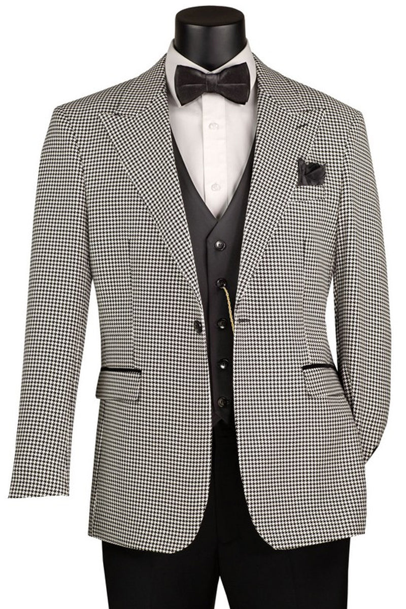 Black and white houndstooth one button peak lapel blazer