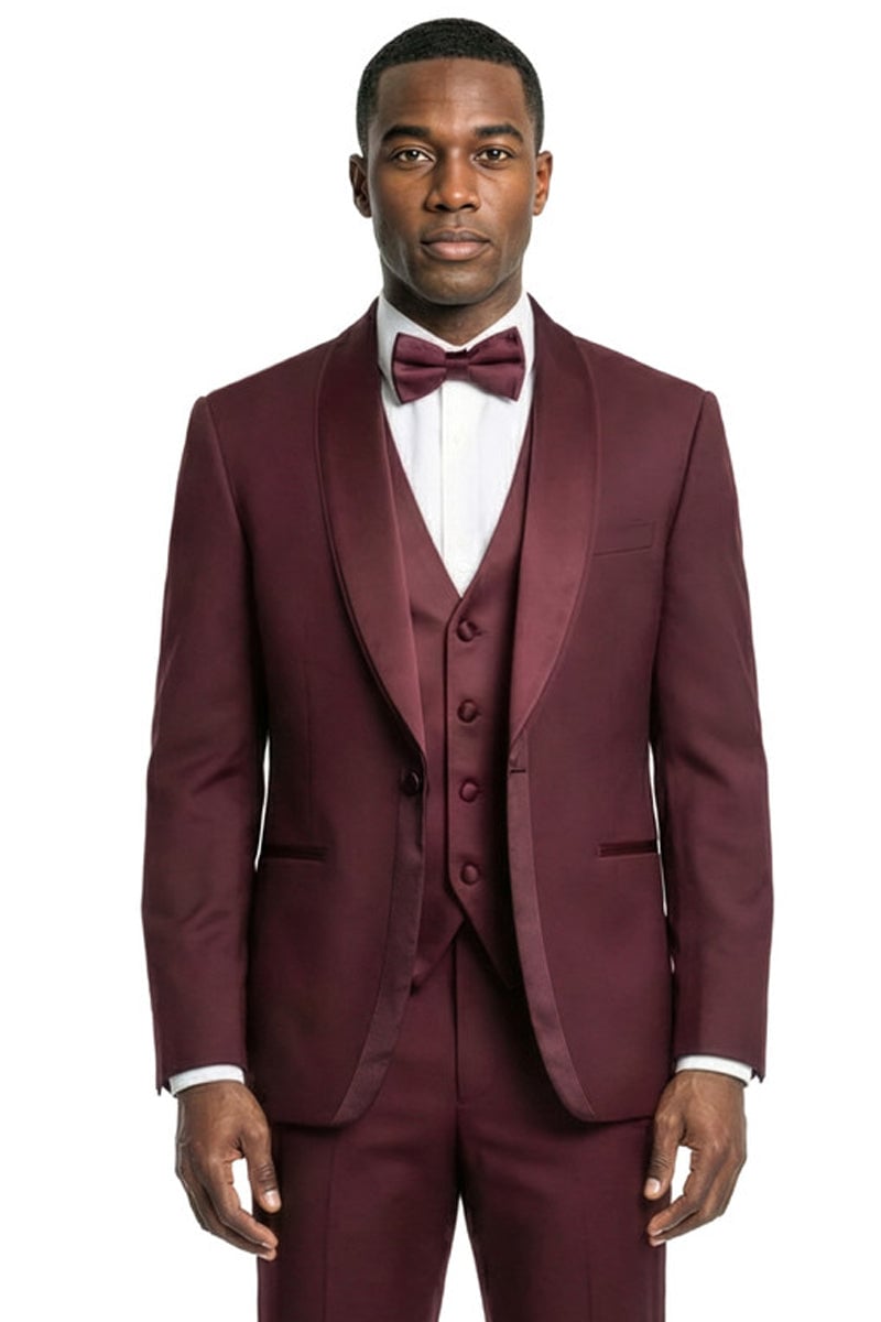 Burgundy slim fit vested tuxedo with satin shawl lapel