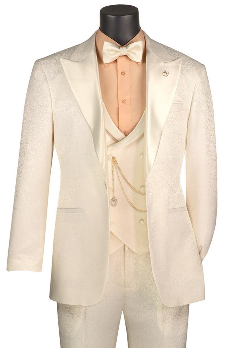 Ivory paisley peak lapel tuxedo with satin scoop vest