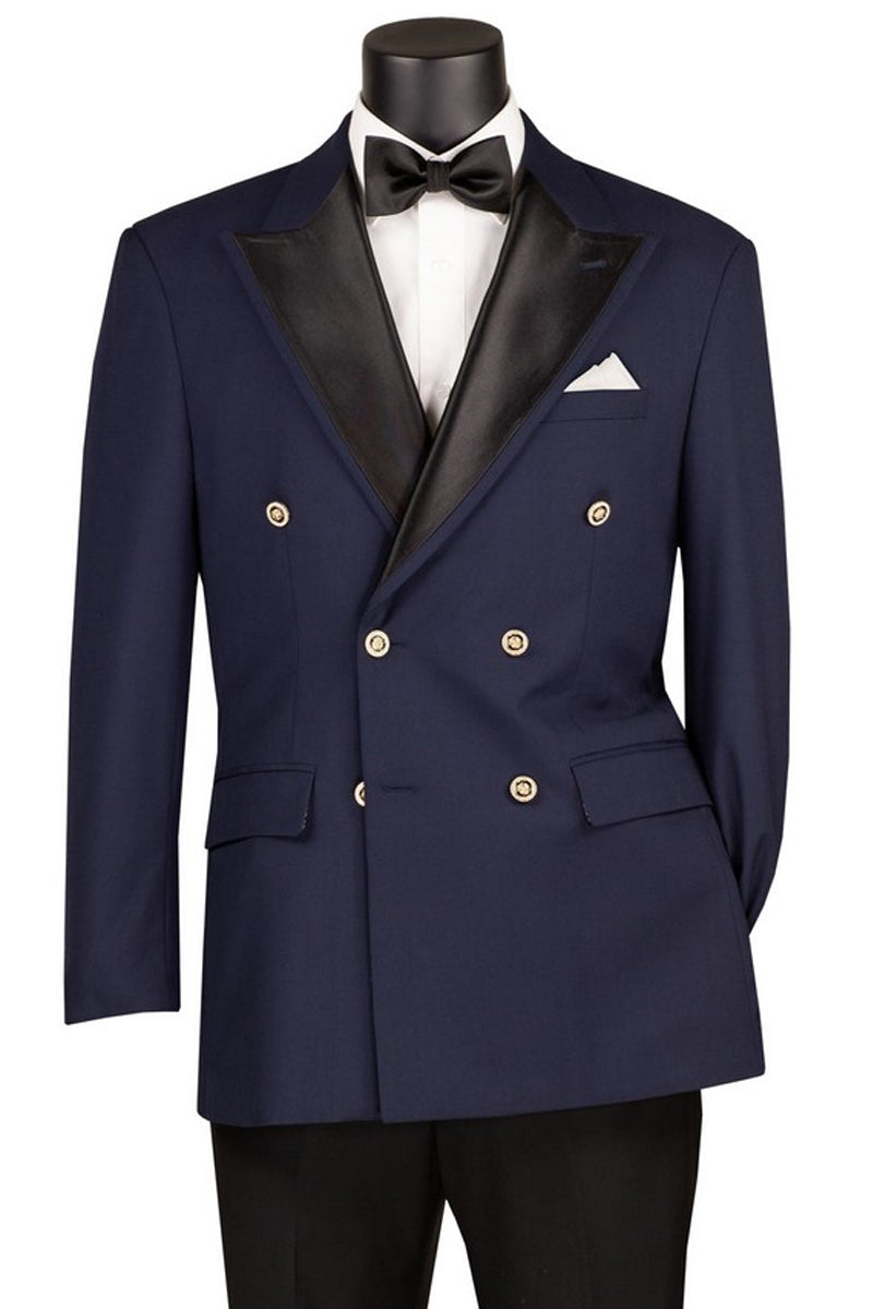 Navy double breasted tuxedo blazer with metal buttons