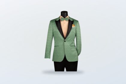 Sage green jacquard tuxedo jacket with black satin lapel