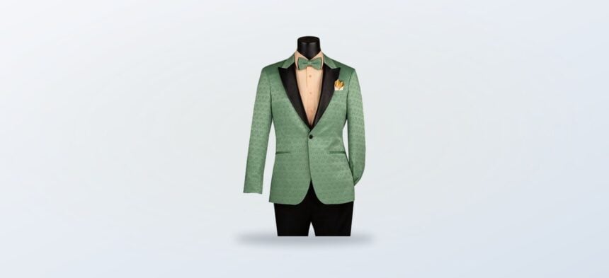 Sage green jacquard tuxedo jacket with black satin lapel