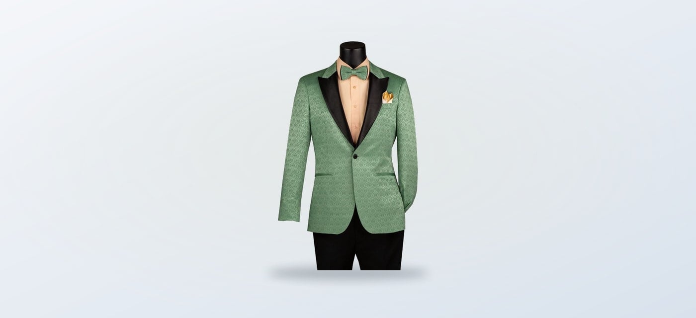 Sage green jacquard tuxedo jacket with black satin lapel