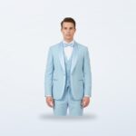 Sky blue slim fit vested tuxedo with satin shawl lapel