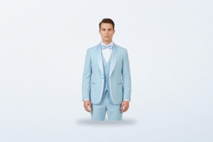 Sky blue slim fit vested tuxedo with satin shawl lapel