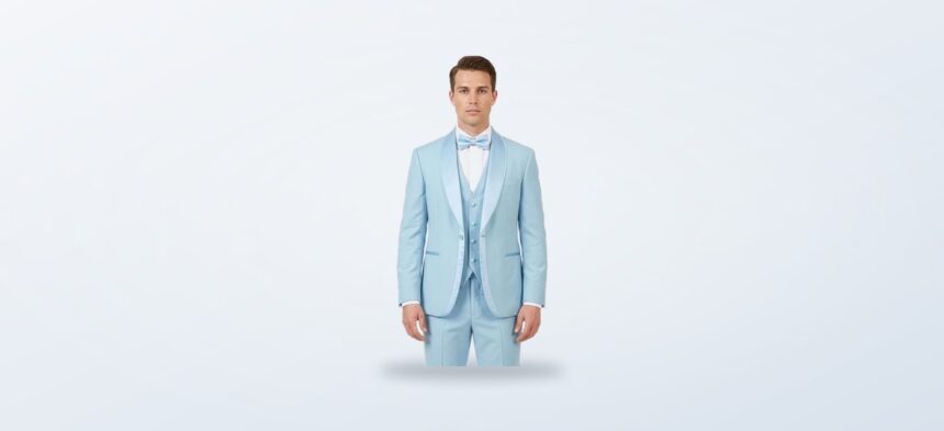Sky blue slim fit vested tuxedo with satin shawl lapel