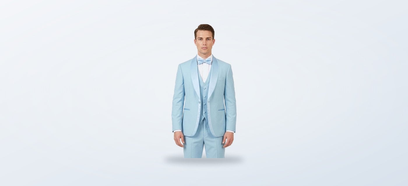 Sky blue slim fit vested tuxedo with satin shawl lapel