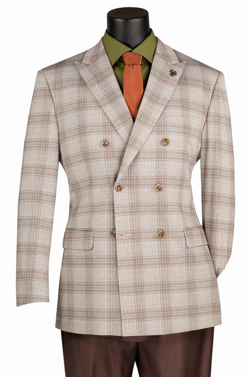 Tan windowpane plaid double breasted sport coat