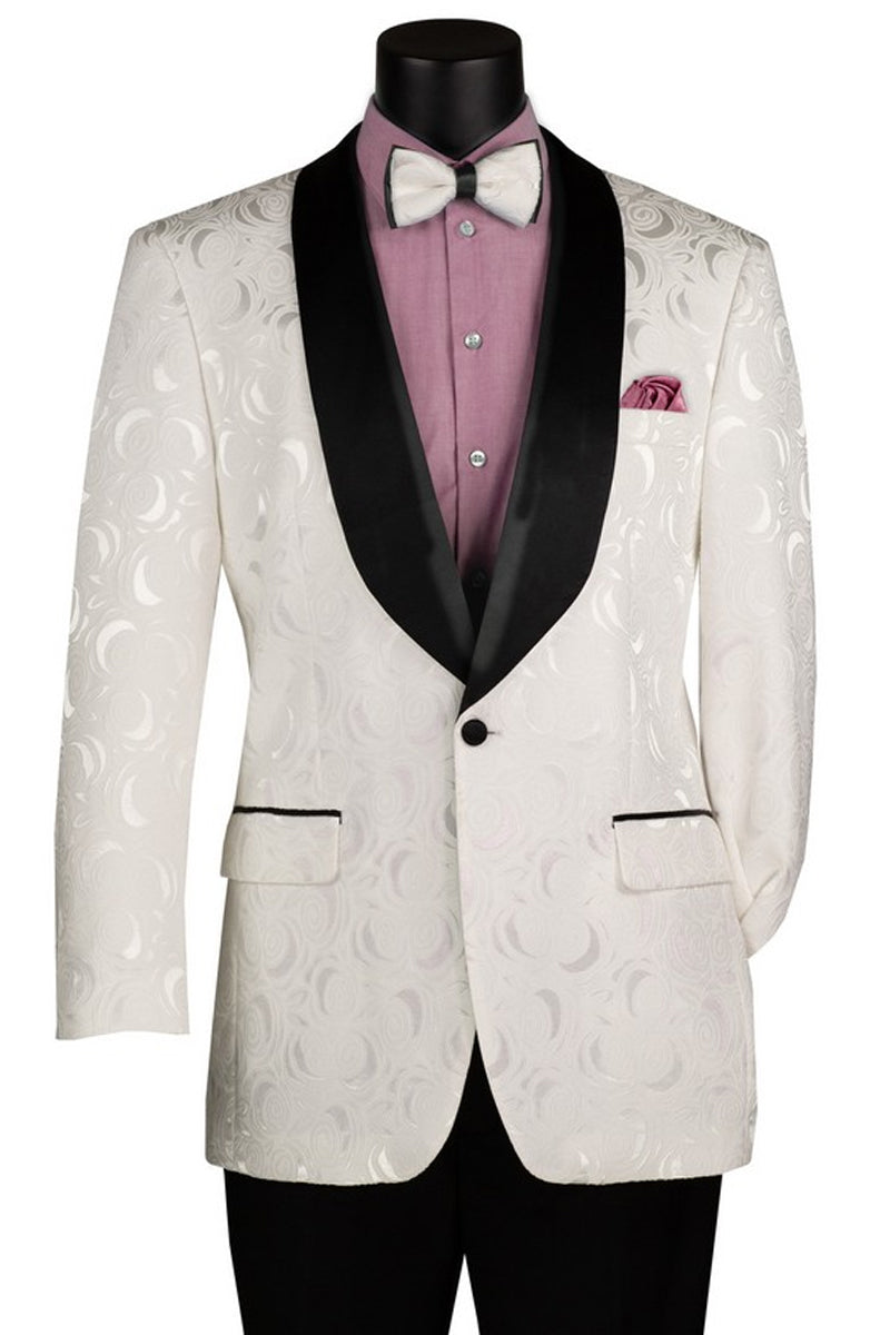 White tuxedo jacket with rose print and square shawl lapel