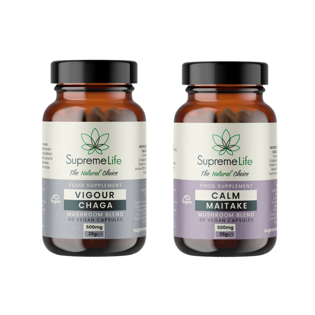 SupremeCBD Chaga and Maitake supplement bottles