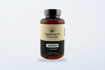 L-Theanine capsules bottle on a clean product background