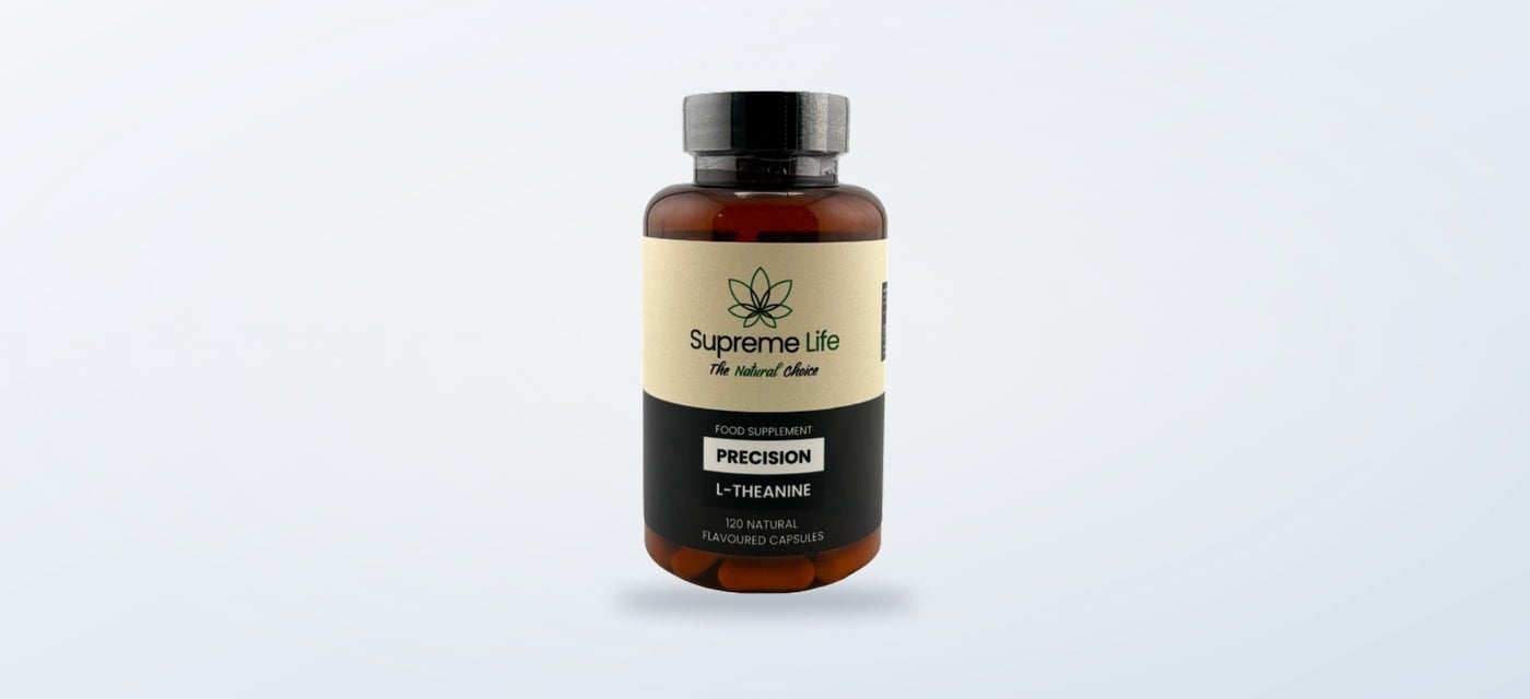 L-Theanine capsules bottle on a clean product background