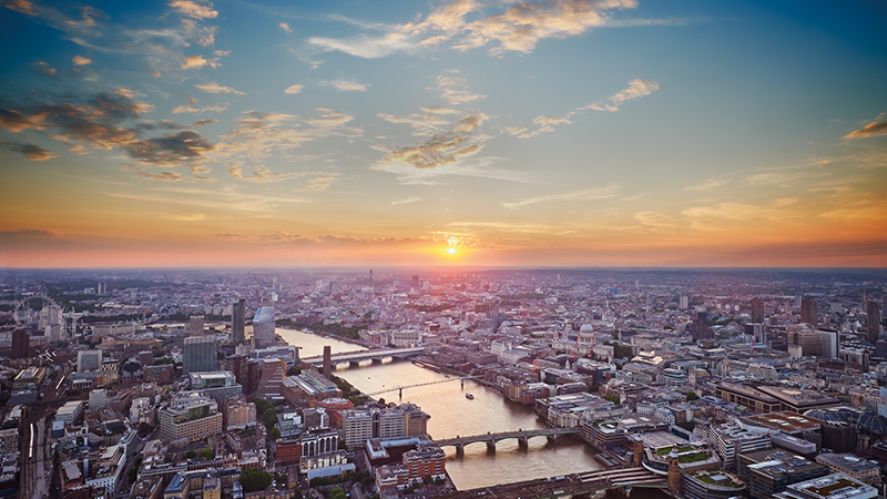 London skyline at sunset from The View from The Shard