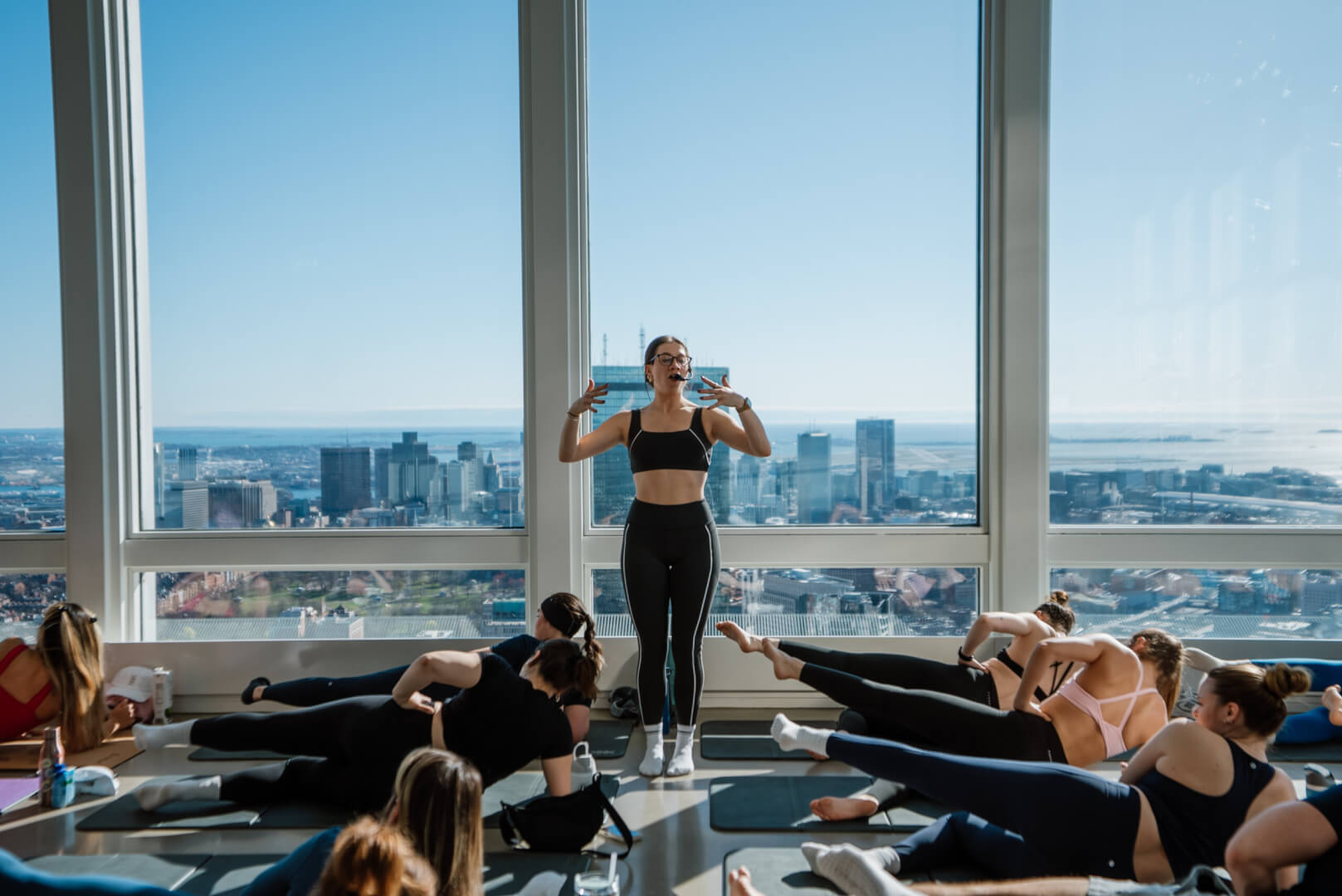 Outdoor Pilates class on the View Boston rooftop