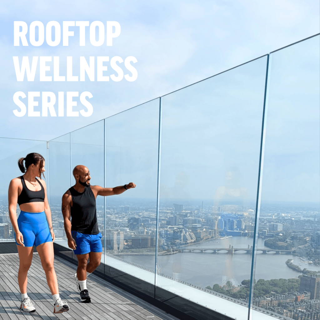 Rooftop wellness promotional scene at View Boston