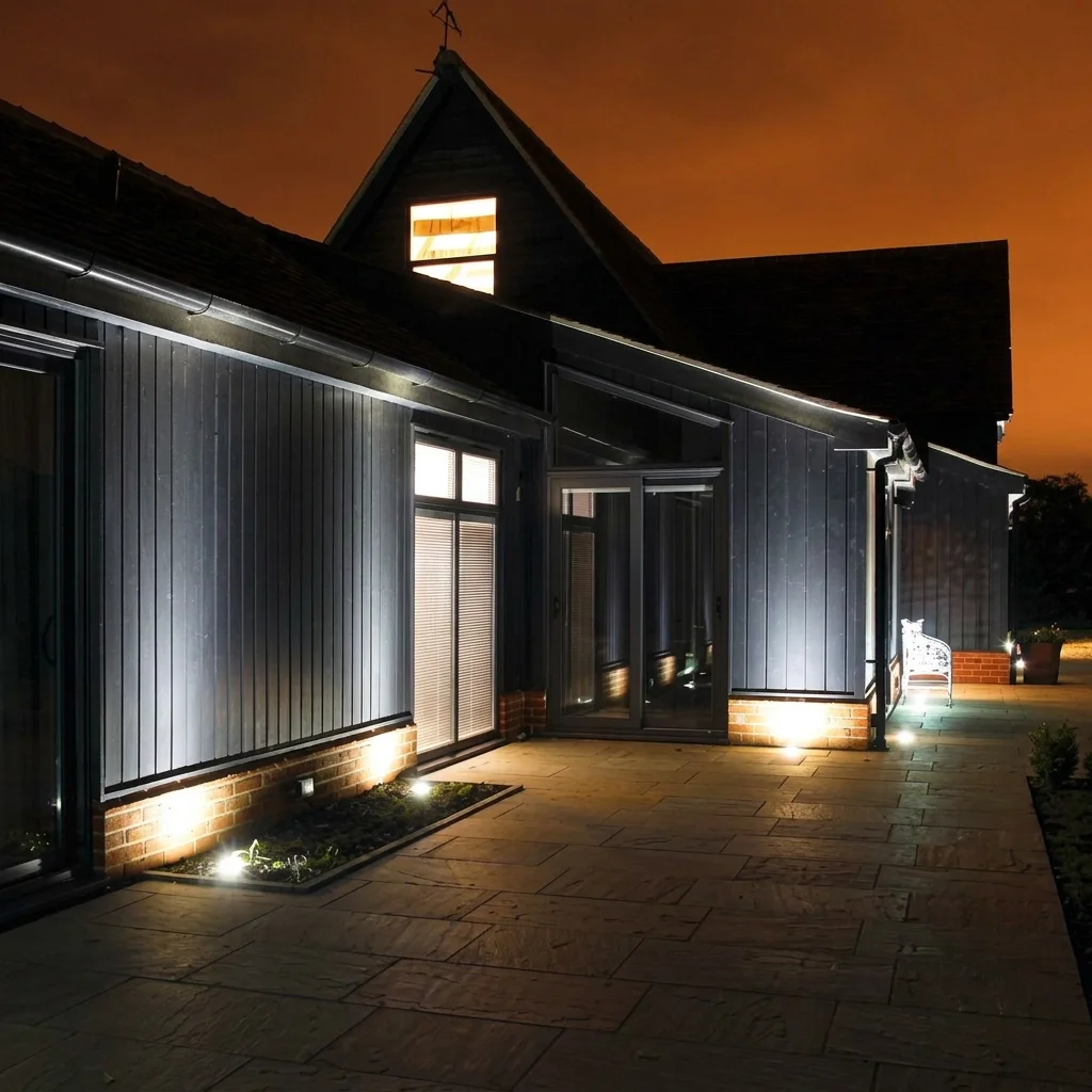 Modern building exterior illuminated at night