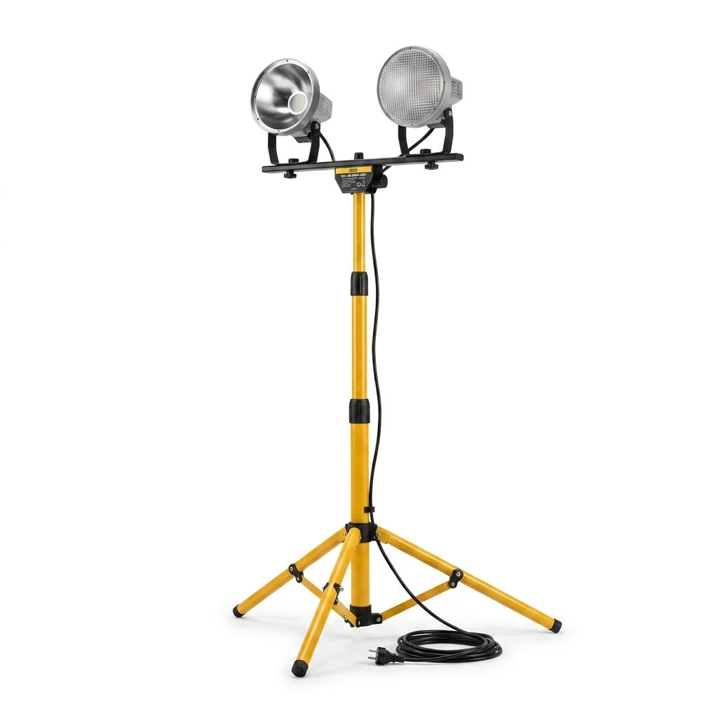 Two-head tripod work light in an attic