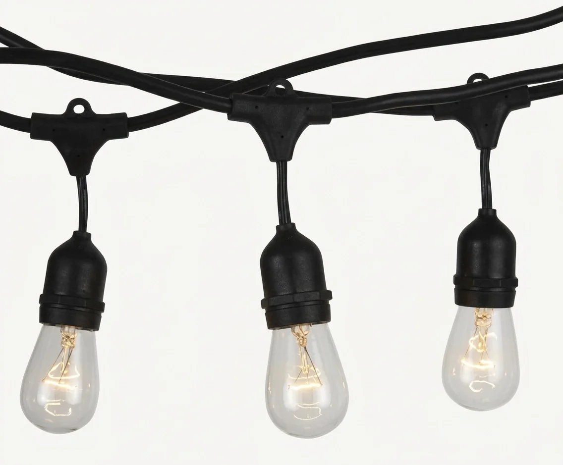 Edison-style bulbs hanging on black string-light cords