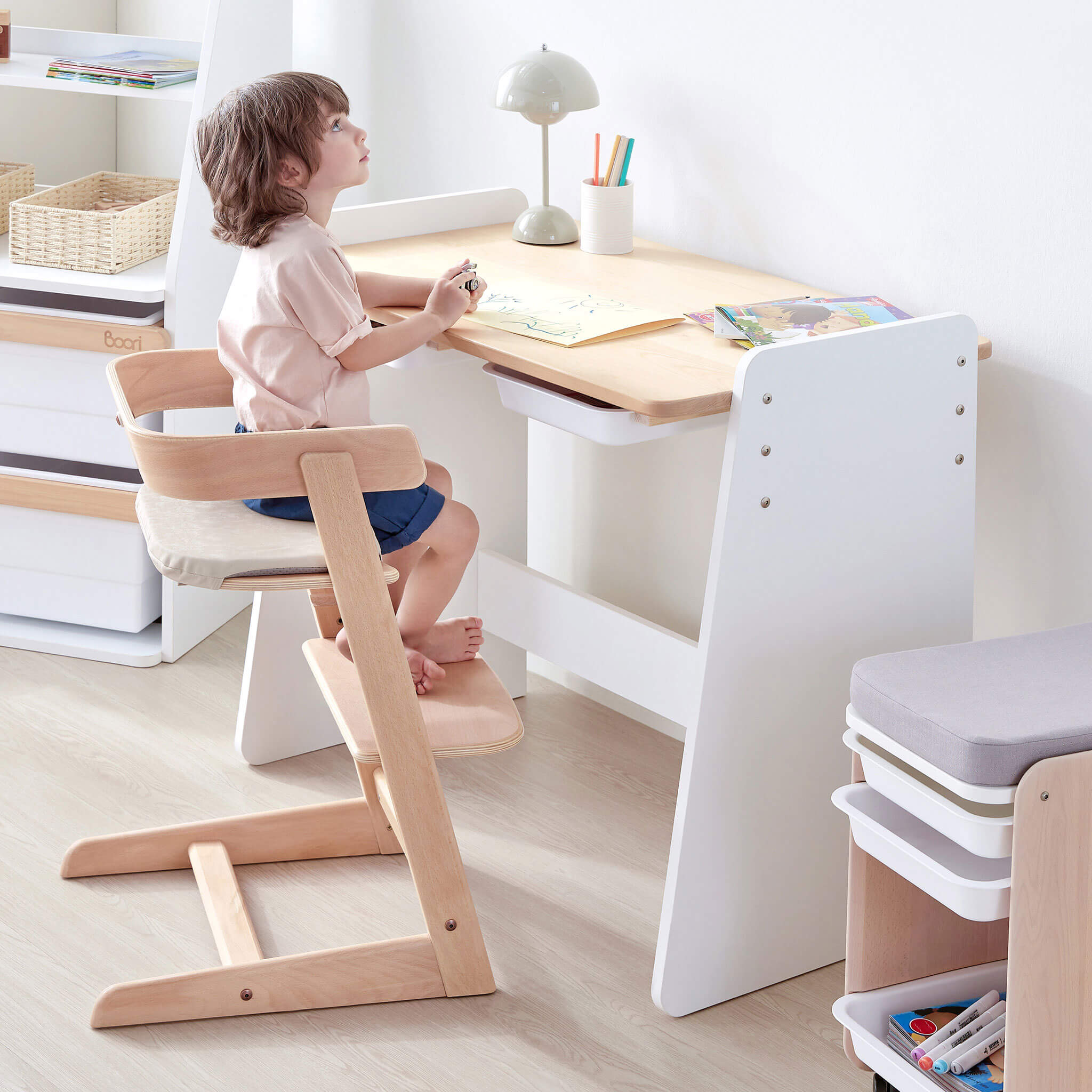 Natty study desk arranged in a child’s study space