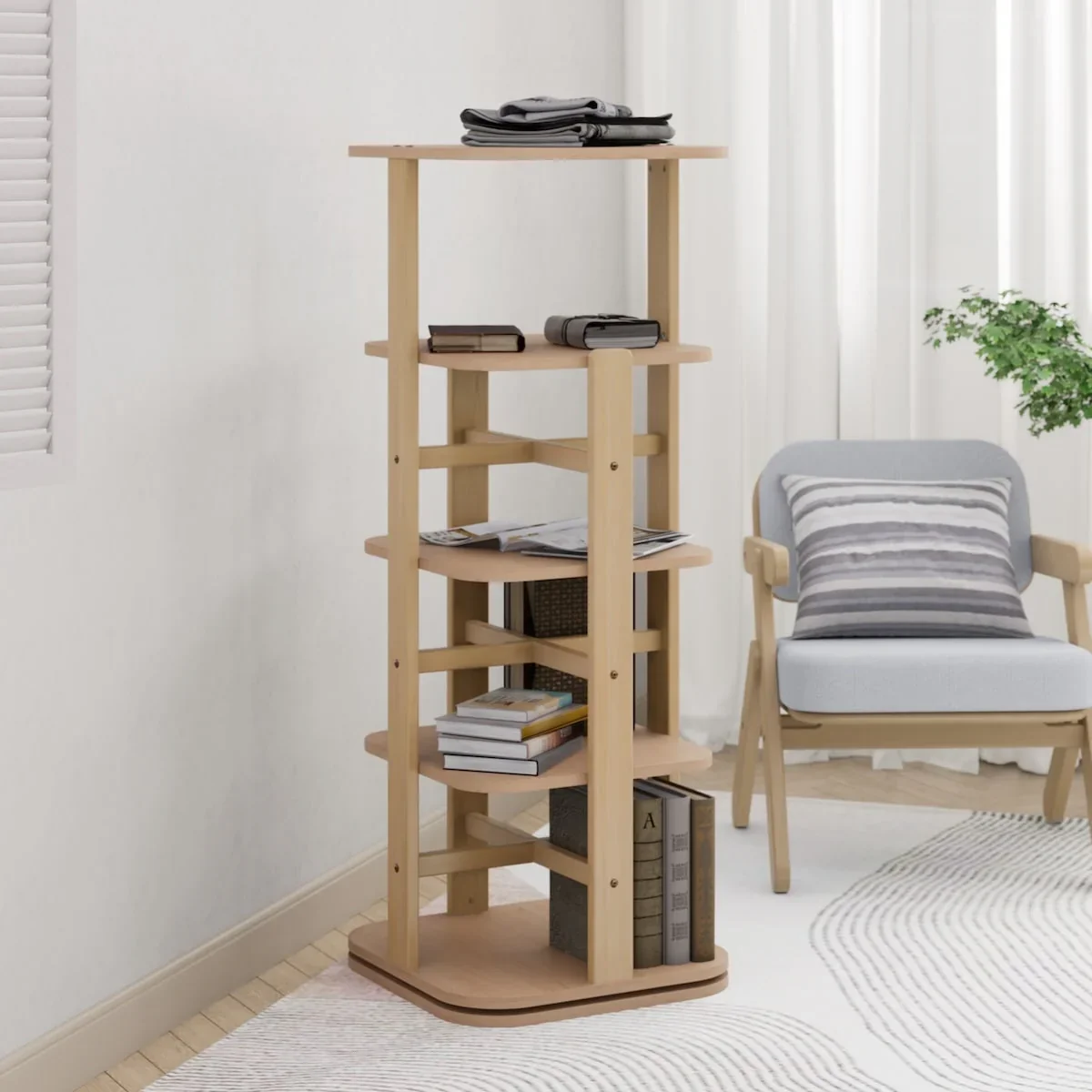 Tall Tidy Rotating Bookshelf styled in a child's room
