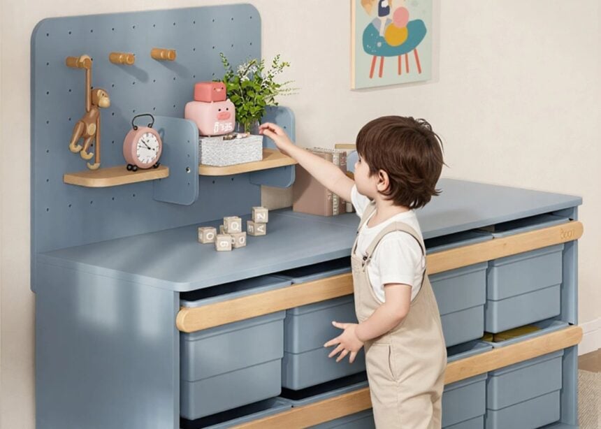 Boori Tidy Toy Cabinet with pegboard styled in a child's room