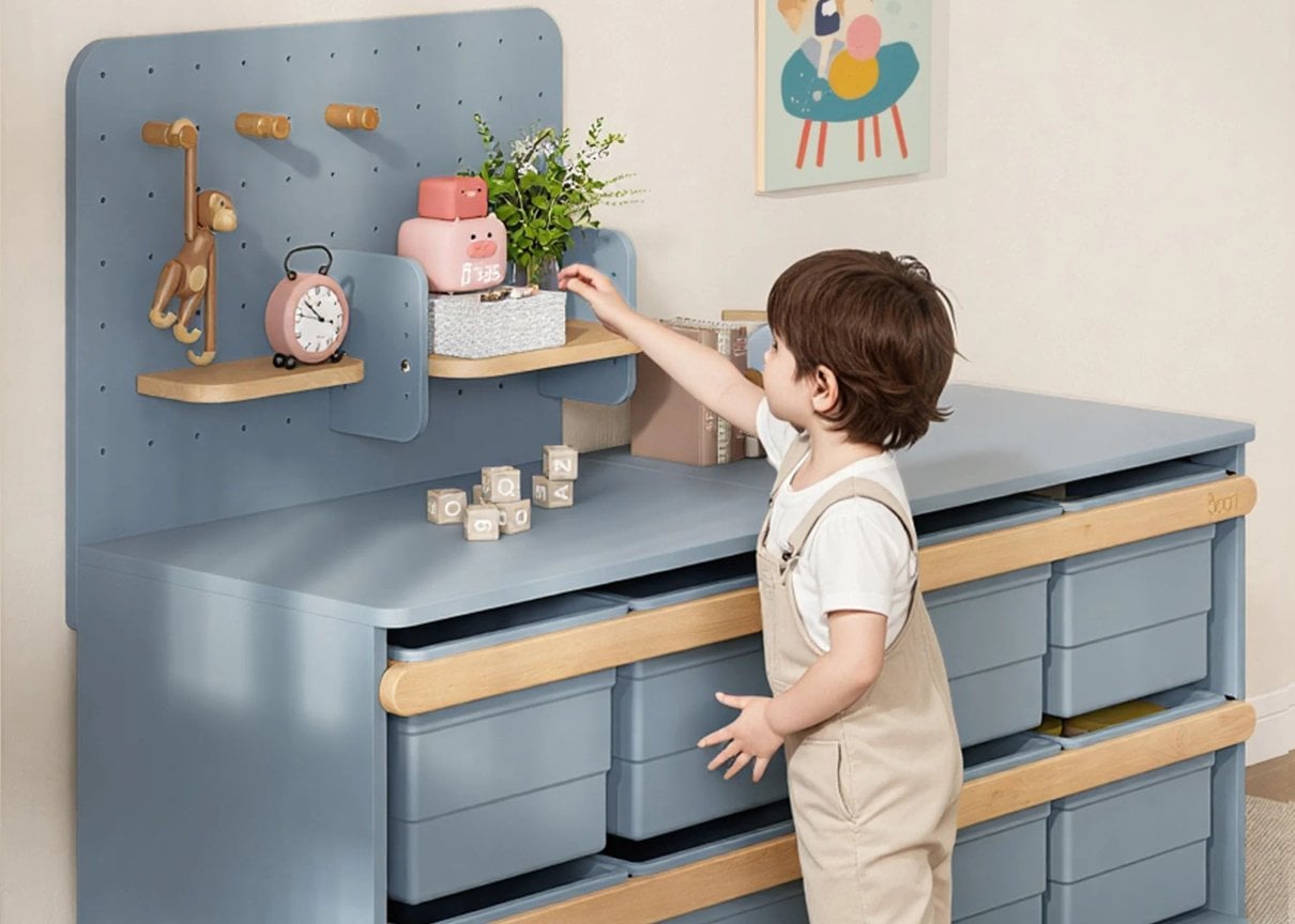 Boori Tidy Toy Cabinet with pegboard styled in a child's room