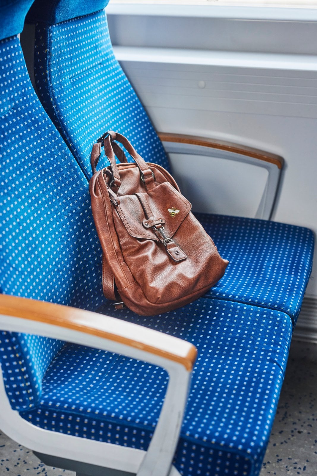 Reisetasche auf einem Sitz in einem Regionalzug
