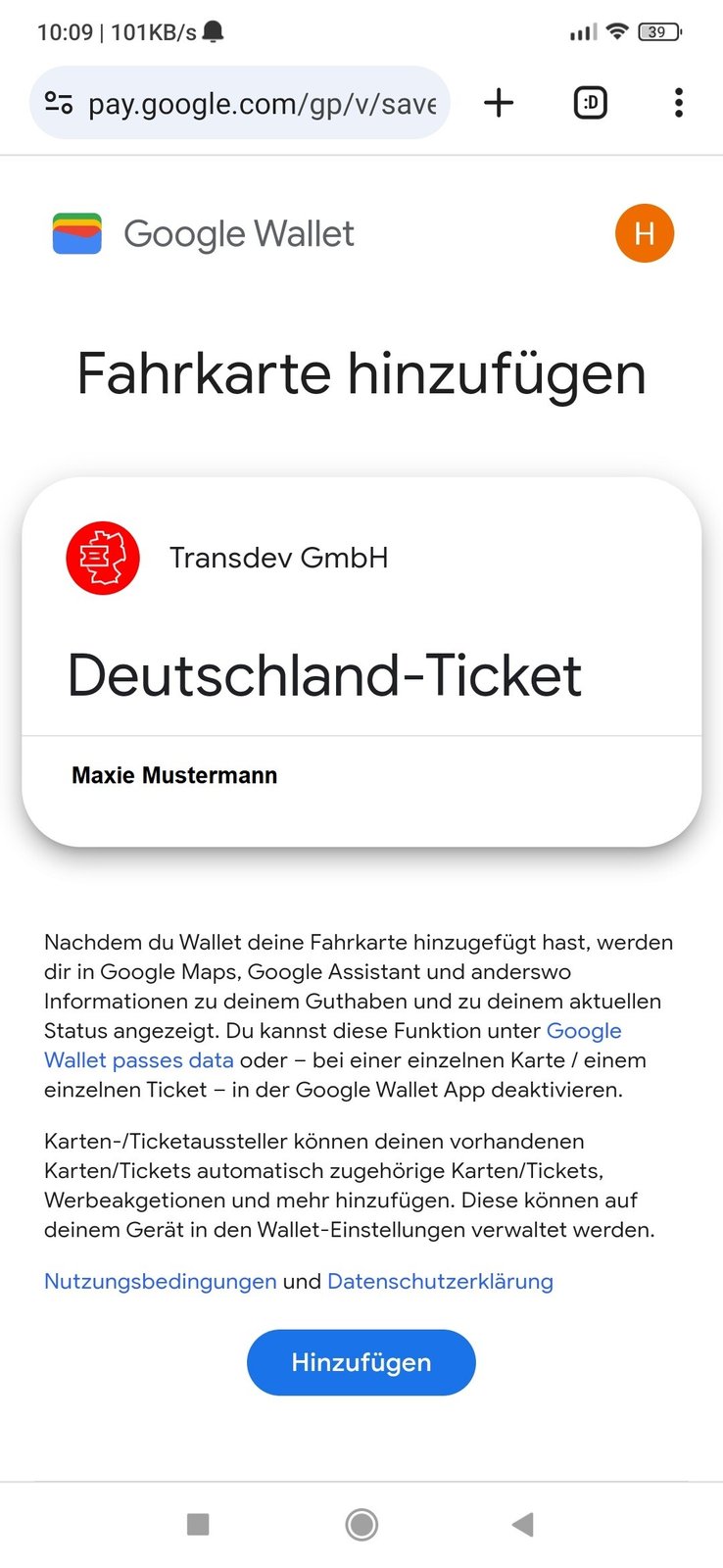 Ansicht zum Hinzufügen des Deutschlandtickets zur Wallet