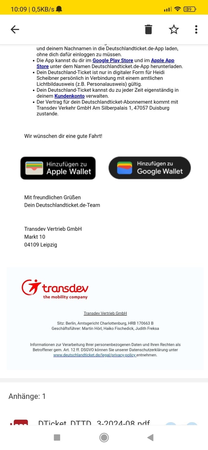 E-Mail mit dem Link zum Hinzufügen des Deutschlandtickets zur Wallet