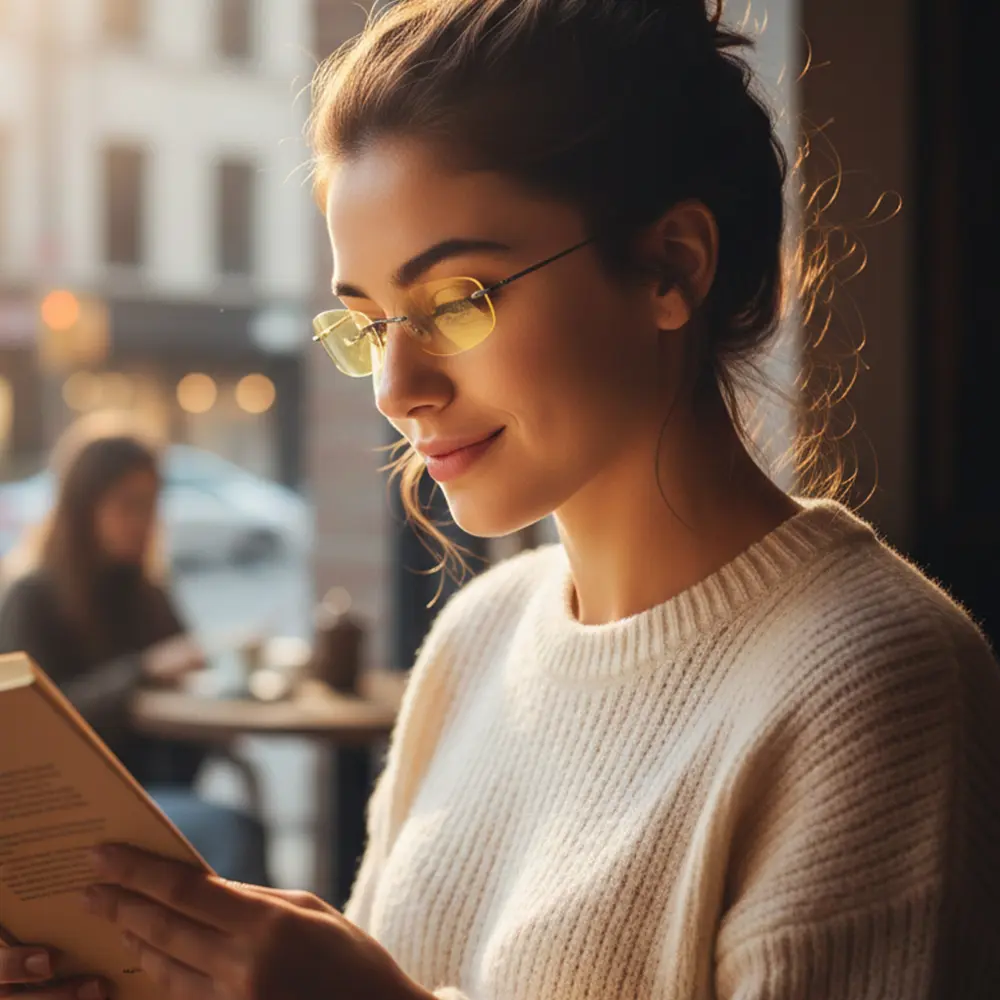 Mujer leyendo con gafas amarillas