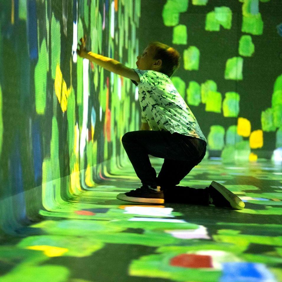 Young boy interacting with brush strokes in the Colour in Motion Gallery