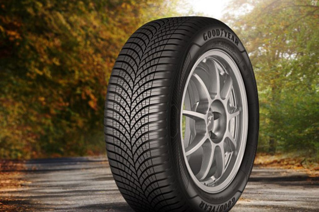 Goodyear Ganzjahresreifen auf einer Straße mit herbstlichen Bäumen