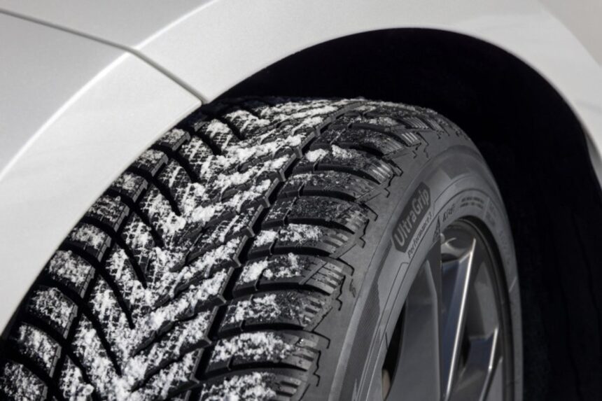 Goodyear UltraGrip Performance 3 tyre in a snowy winter close-up