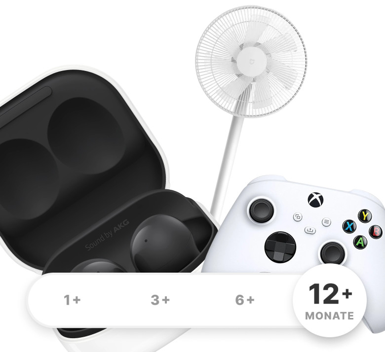 Kopfhörer, Ventilator und Controller mit Auswahl der Grover-Mietdauer von 1 bis 12+ Monaten