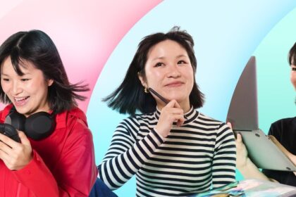 Drei Frauen mit gemieteter Technik von Grover - Handheld-Konsole, Laptop und Tablet