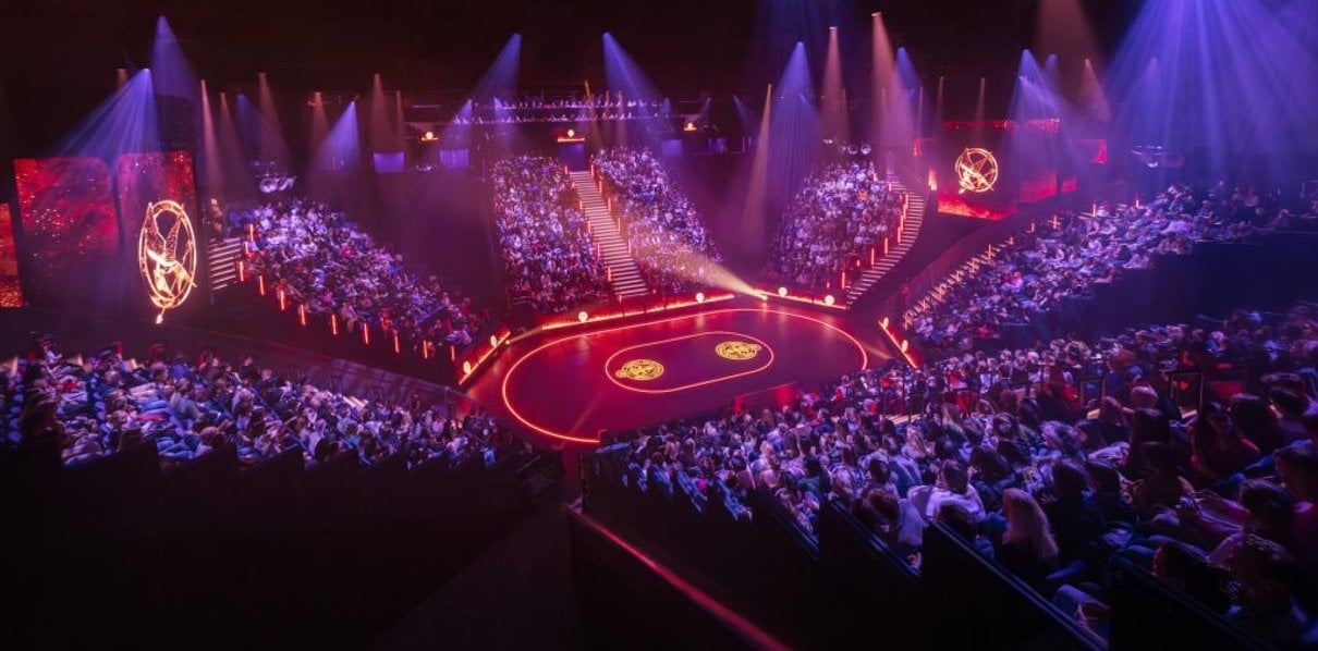Wide view of performers and the set during Hunger Games on Stage