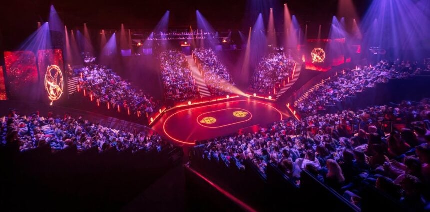 Actors perform a scene on the Hunger Games on Stage set