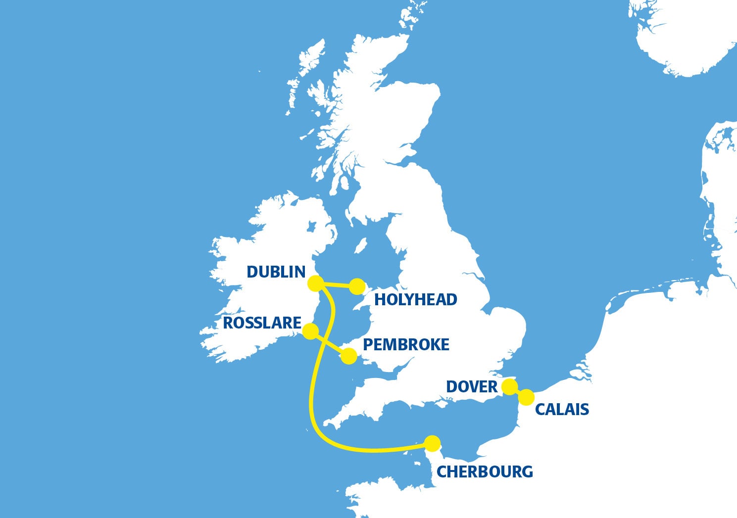 Map showing Irish Ferries routes between Britain, Ireland and France