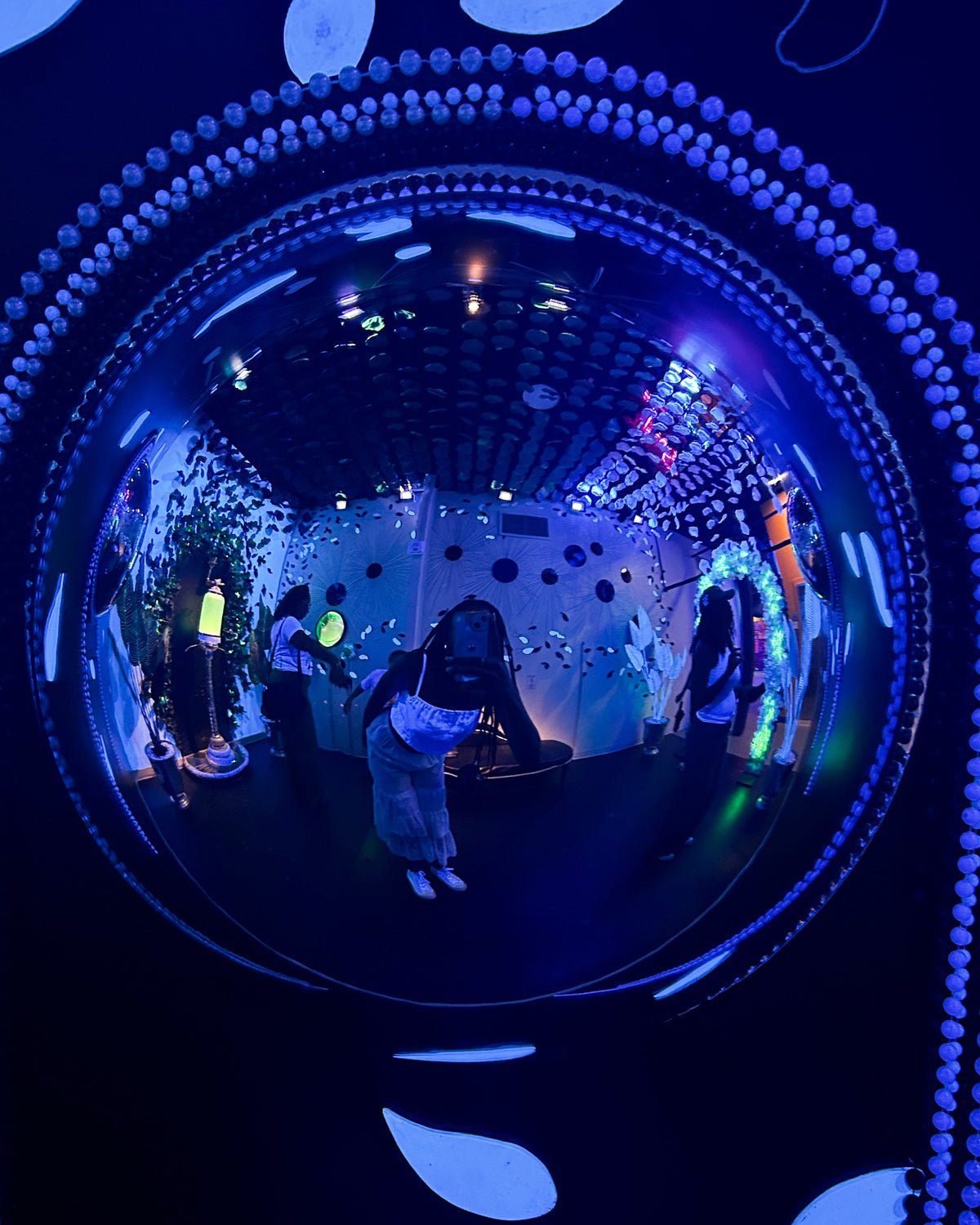 Mirrored Absinthe Garden exhibit at JAMNOLA with coloured lights and visitors