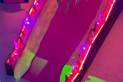 Colourful alligator-shaped entrance lit up at JAMNOLA New Orleans