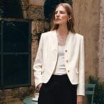 Veste blanche à col courbe Lilysilk portée par un mannequin