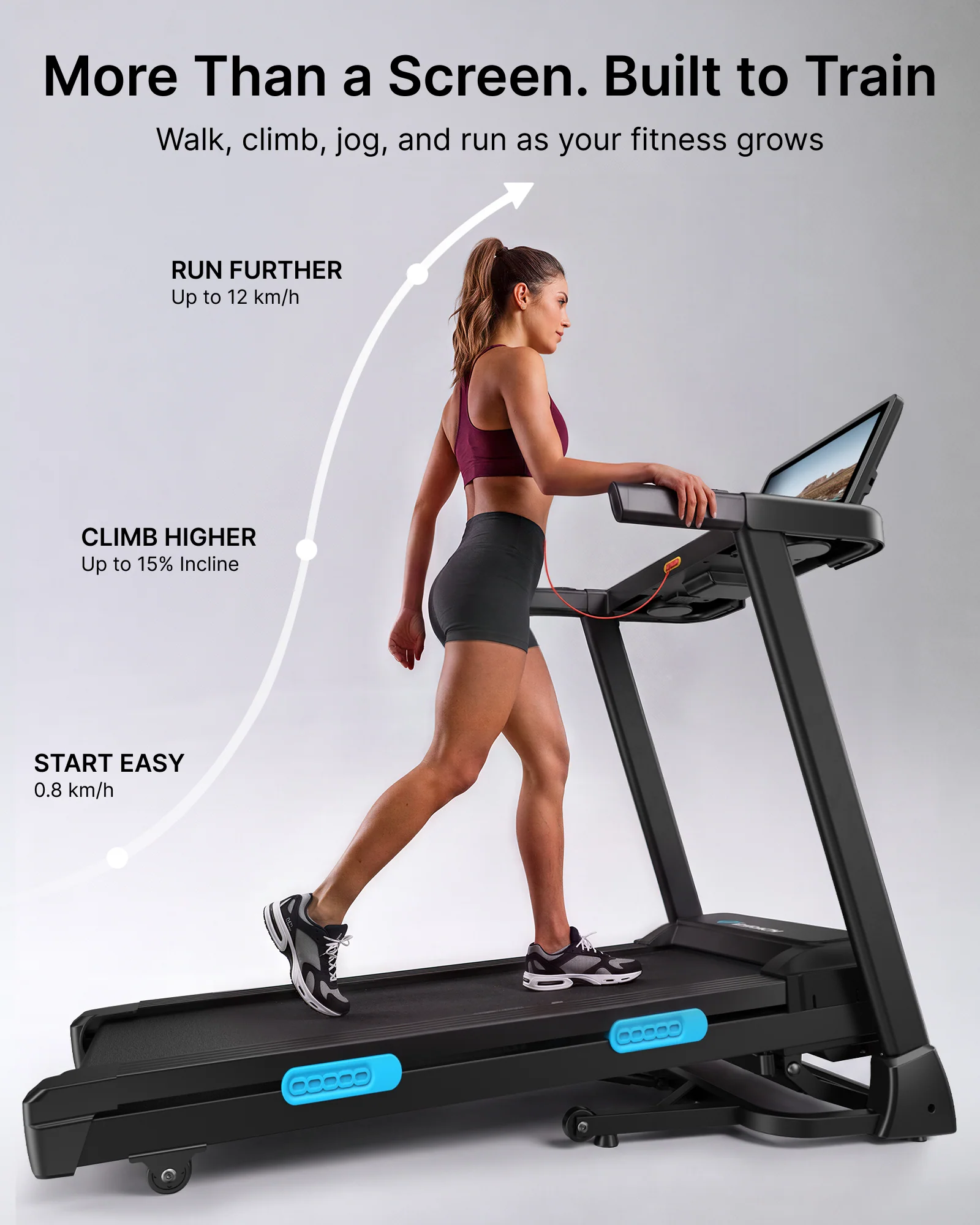 Merach T12B3 folding treadmill shown with its running deck